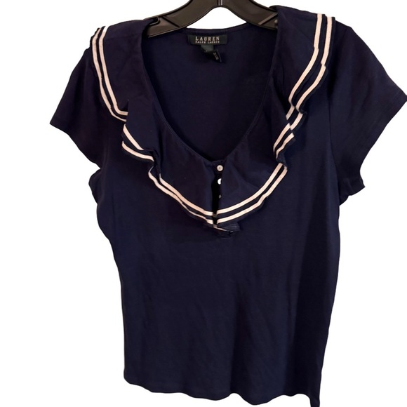 Lauren Ralph Lauren navy blue w/Ruffled V-Neck with white accents Size large - Picture 1 of 7